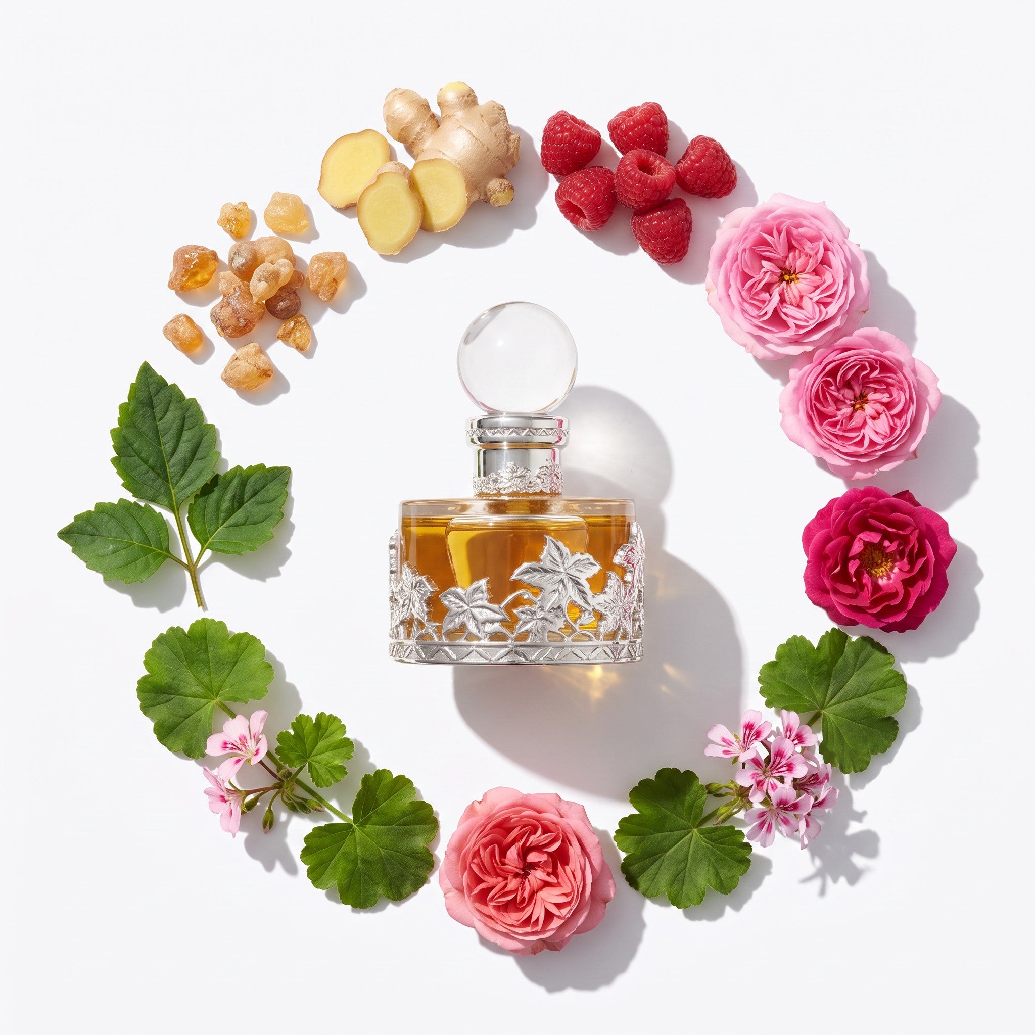 Palette 21 SWISS ARABIAN Rose Malaki perfume oil in an ornate silver bottle surrounded by roses, ginger, and raspberries.