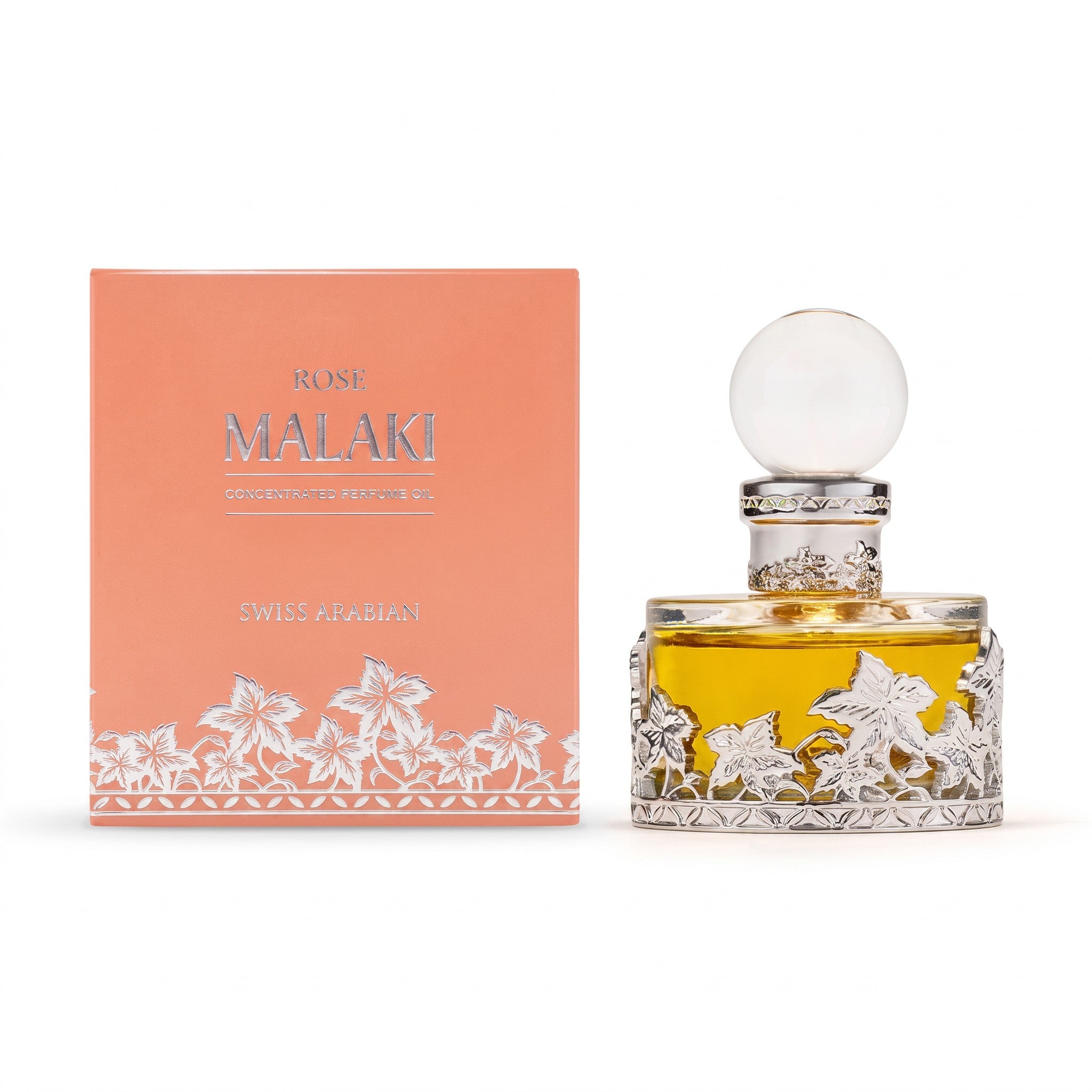 Palette 21 SWISS ARABIAN Rose Malaki perfume oil in an ornate silver-trimmed glass bottle with its matching peach box.