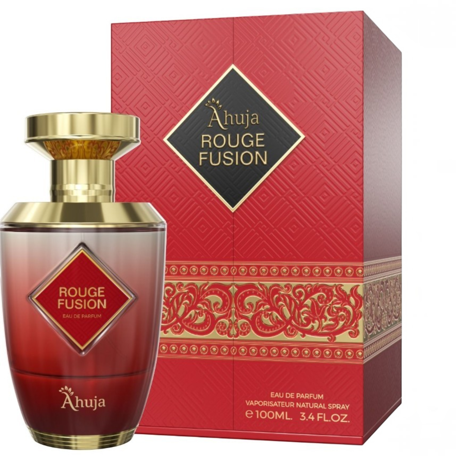 Palette 21 Rouge Fusion by Ahuja eau de parfum in a red glass bottle with gold cap next to its ornate red gift box.