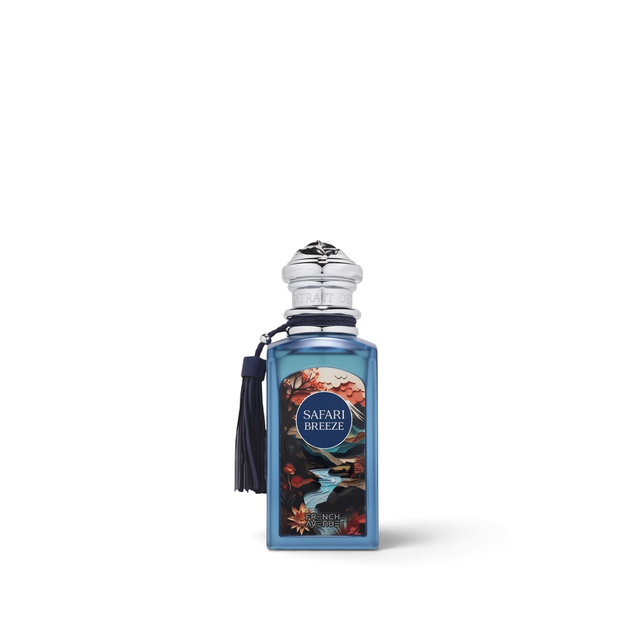 Palette 21 French Avenue Safari Breeze Extrait de Parfum in a blue glass bottle with a decorative tassel.