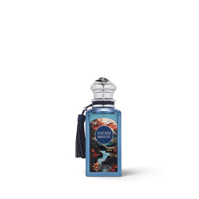 Palette 21 French Avenue Safari Breeze Extrait de Parfum in a blue glass bottle with a decorative tassel.