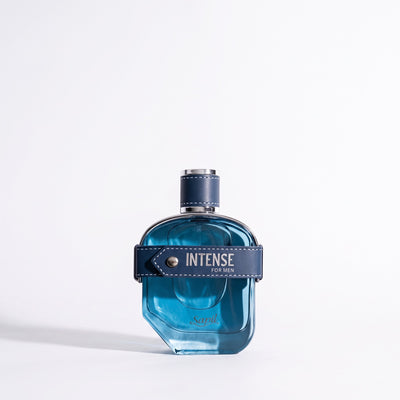 Palette 21 Sapil Intense for Men fragrance bottle with blue glass and a decorative leather strap detail.
