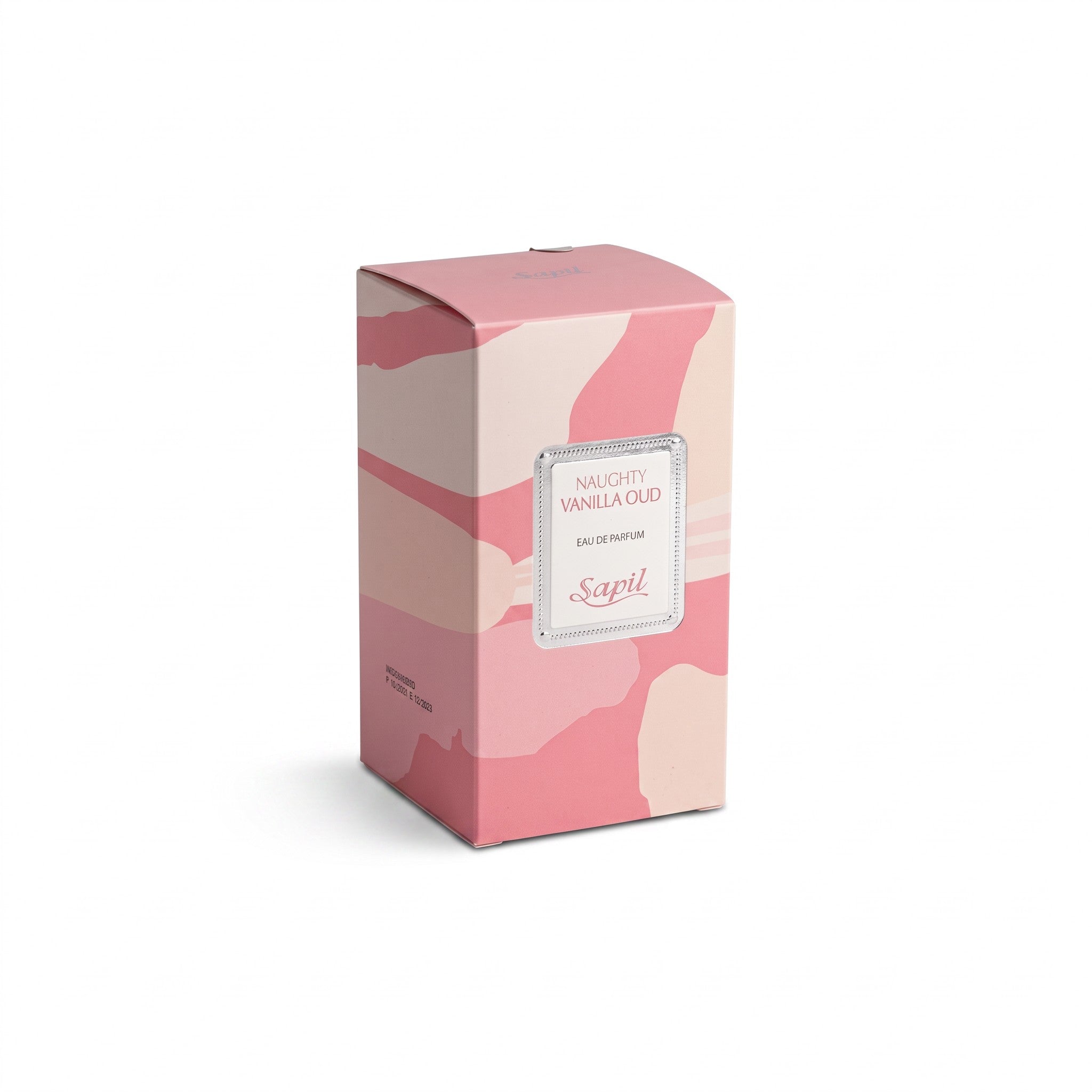 Palette 21 Sapil Naughty Vanilla Oud perfume box in pink and cream abstract pattern with silver label