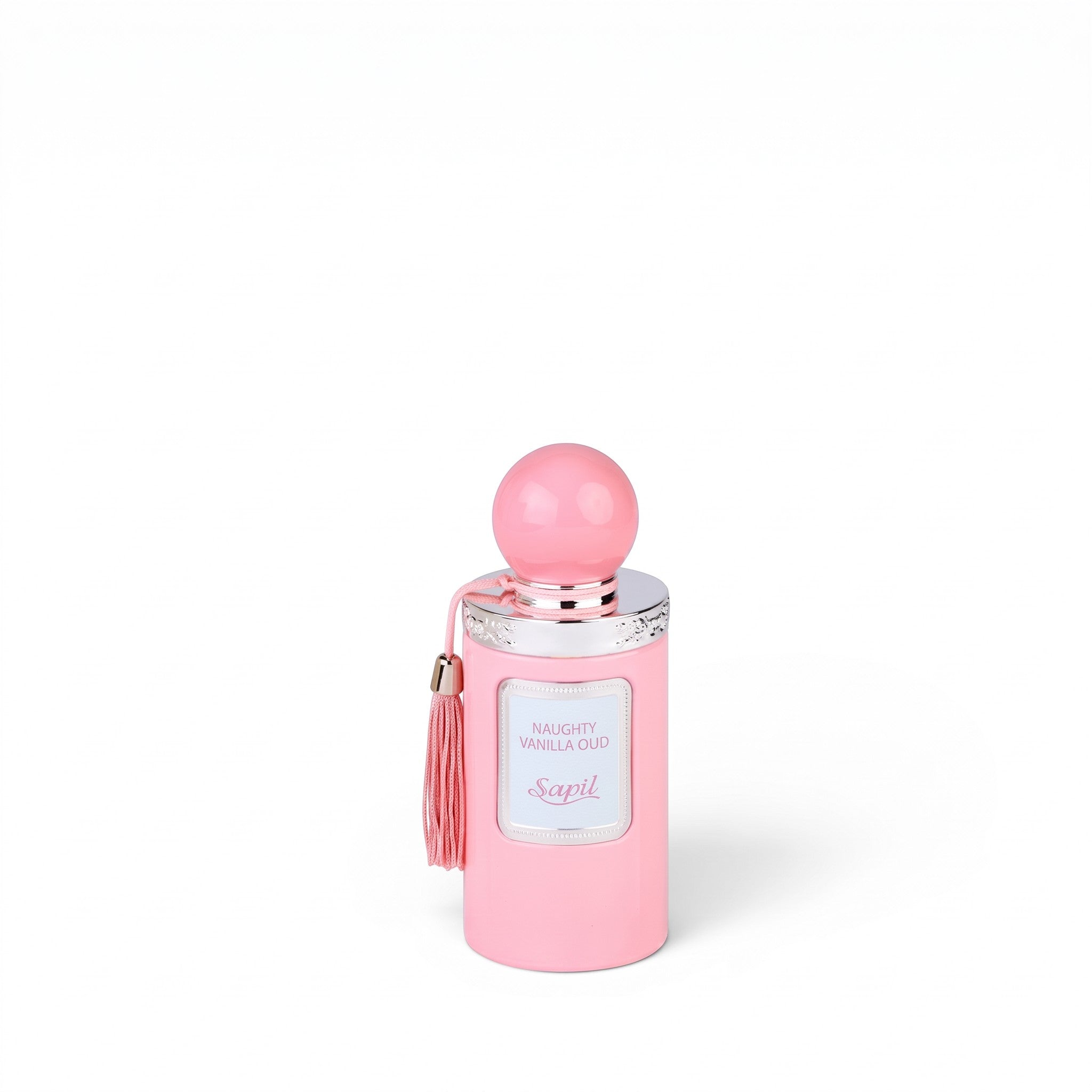 Palette 21 Sapil Naughty Vanilla Oud perfume bottle in pastel pink with a decorative tassel and round cap.