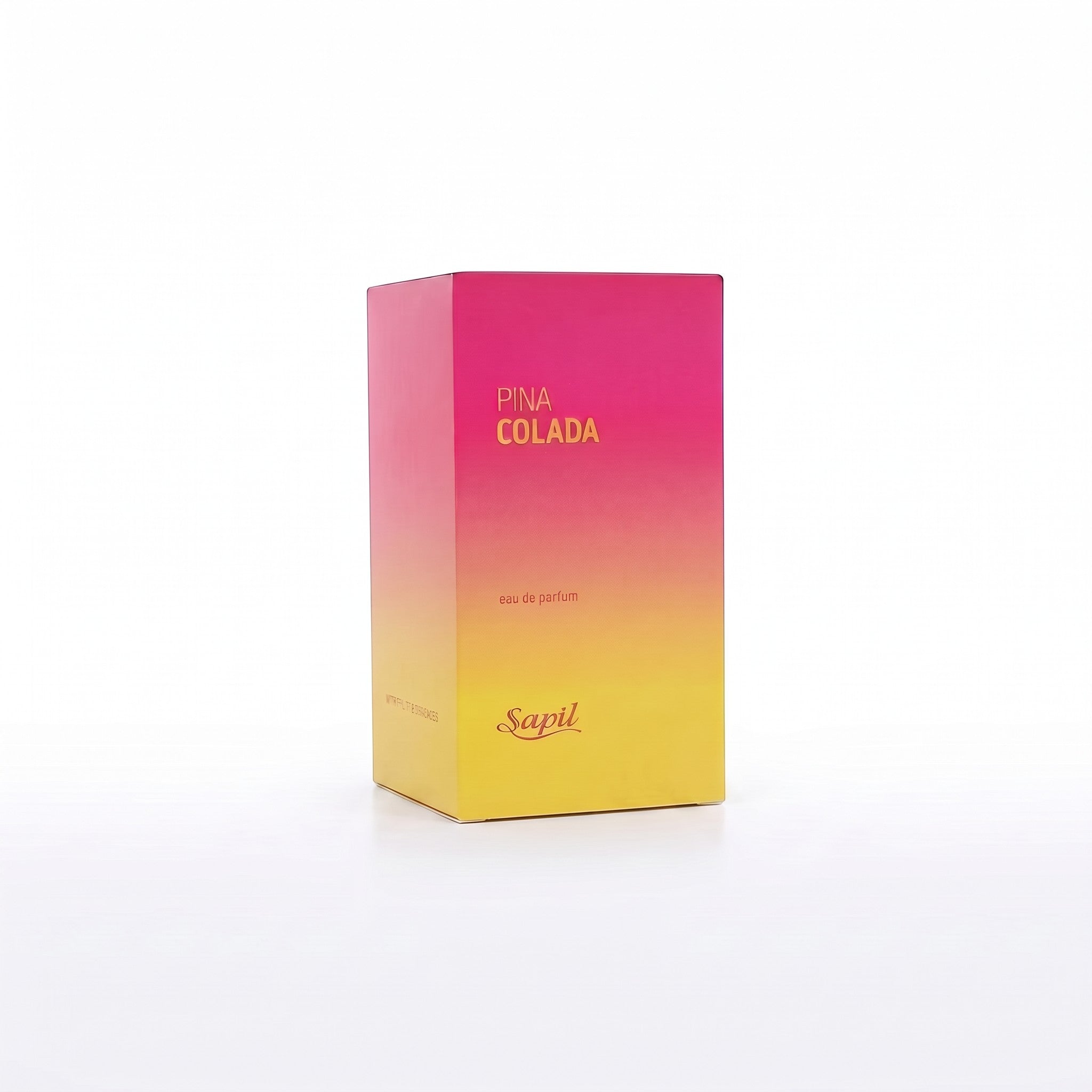 Palette 21 Sapil Pina Colada Eau de Parfum box with a vibrant pink to yellow tropical sunset gradient design.