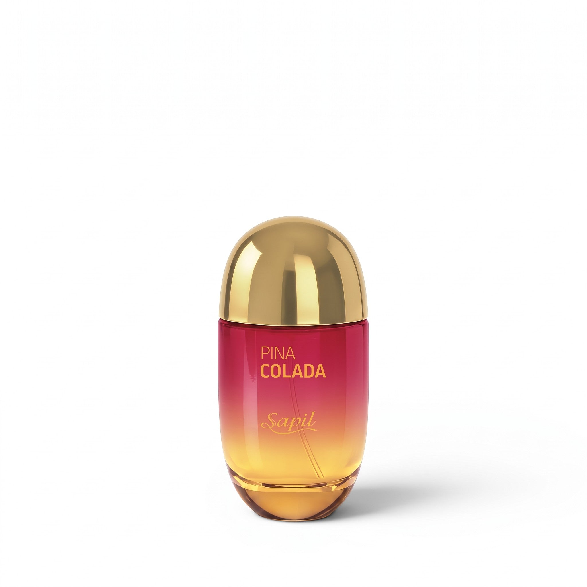 Palette 21 Sapil Pina Colada unisex perfume in a gradient red and orange glass bottle with a gold cap.