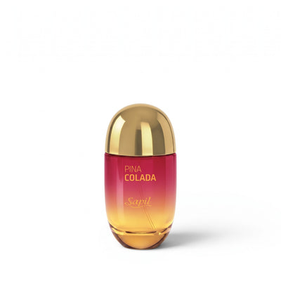 Palette 21 Sapil Pina Colada unisex perfume in a gradient red and orange glass bottle with a gold cap.