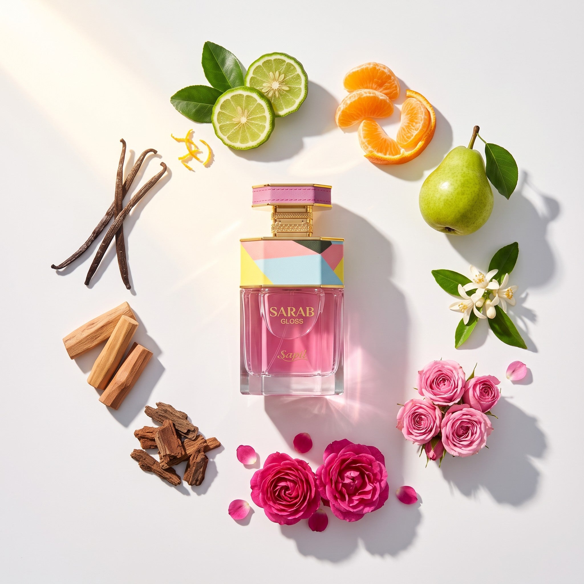 Palette 21 Sapil Sarab Gloss perfume bottle surrounded by fresh citrus, pear, vanilla beans, and pink roses.