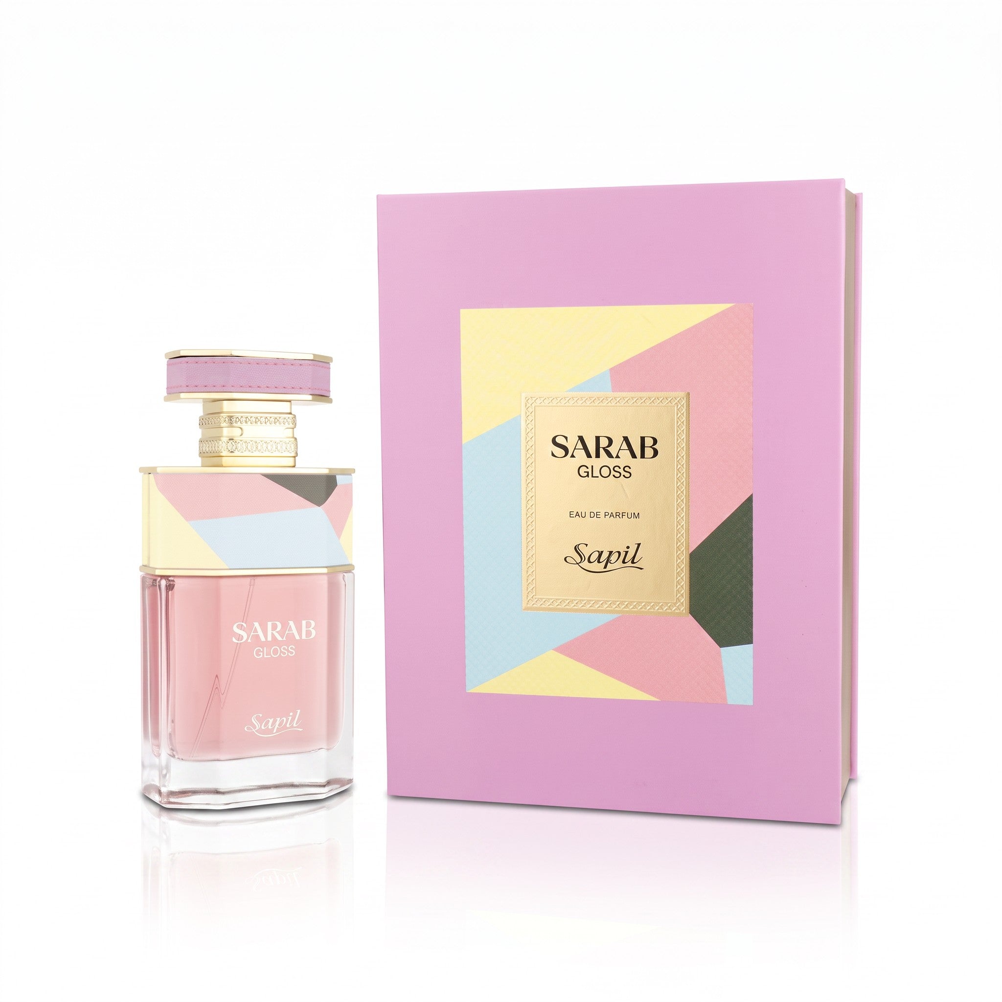 Palette 21 Sarab Gloss Eau de Parfum bottle and pink gift box with geometric multi-colored accents and gold details