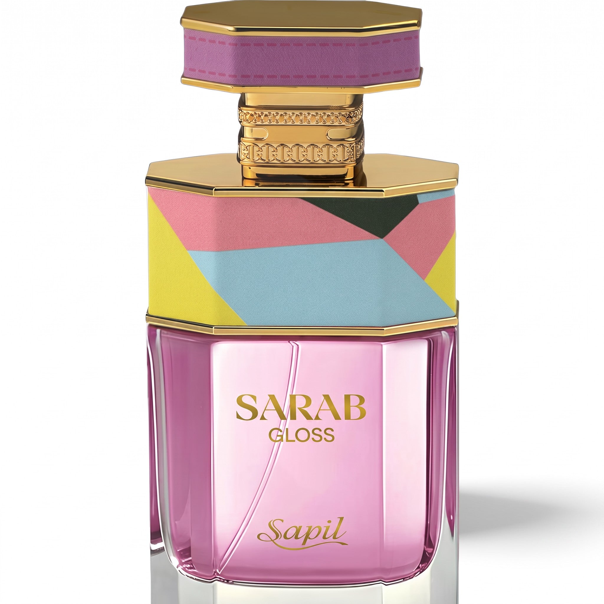 Palette 21 Sapil Sarab Gloss Eau de Parfum in a geometric glass bottle with pink liquid and gold accents.