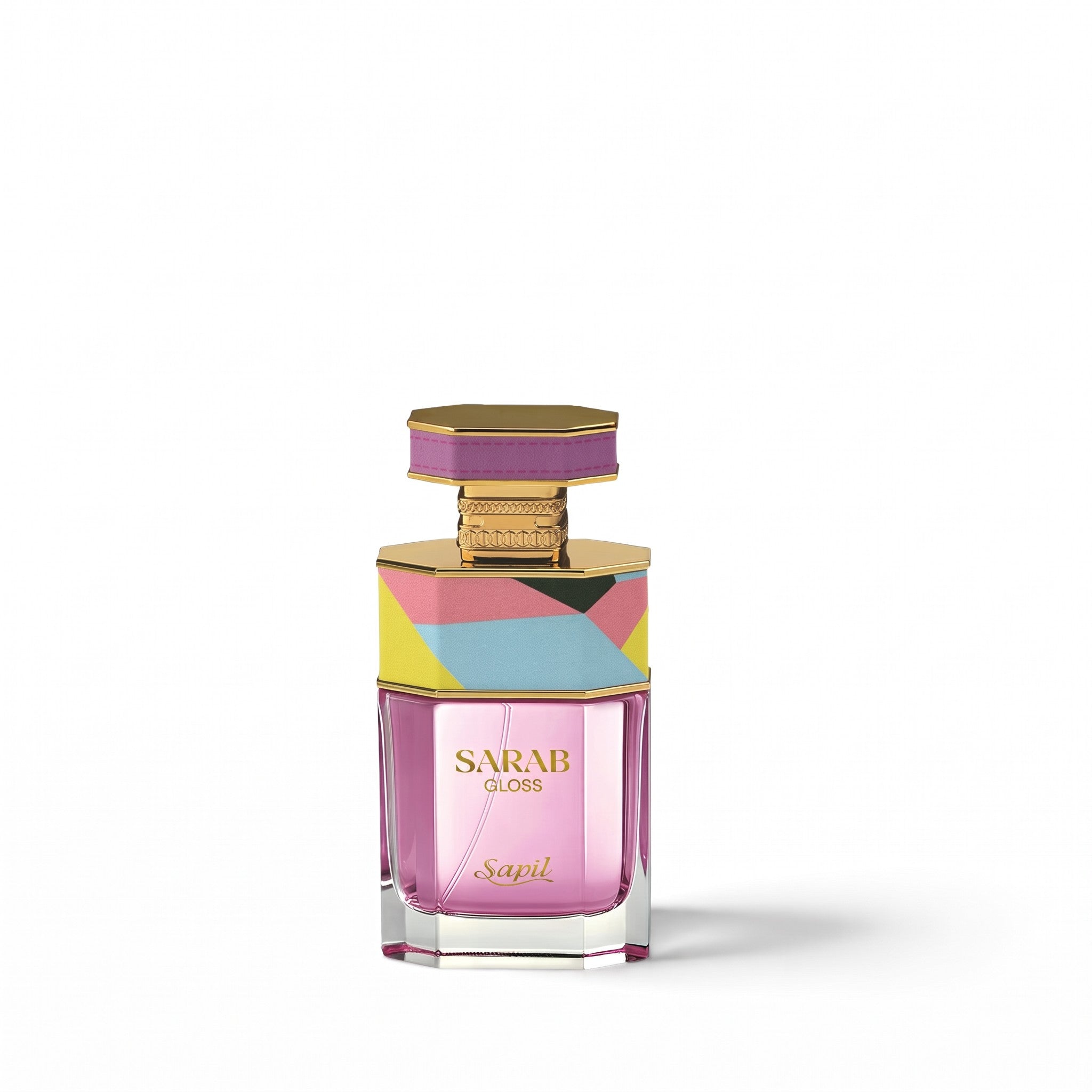 Palette 21 Sarab Gloss Eau de Parfum in a geometric glass bottle with gold accents and colorful abstract patterns.