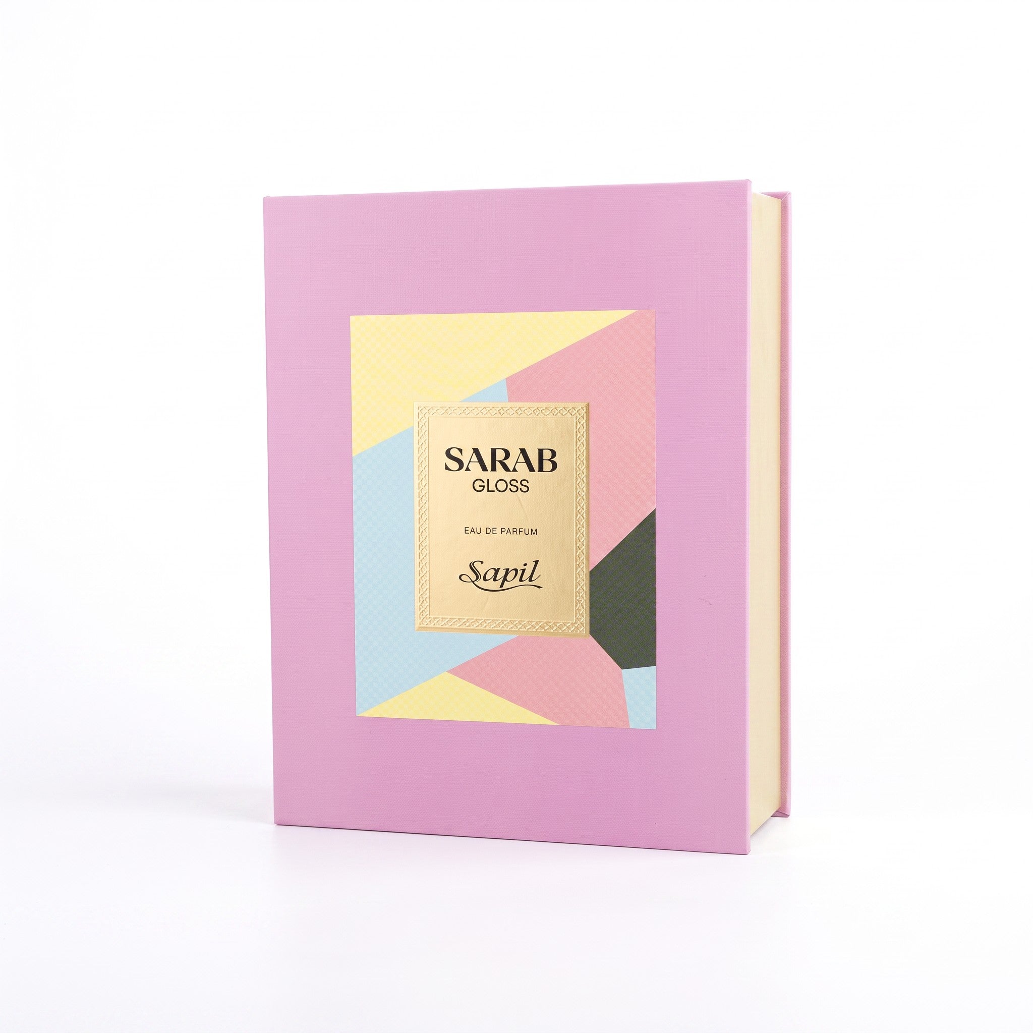 Palette 21 Sarab Gloss Eau de Parfum by Sapil in a pink rectangular gift box with geometric pastel accents