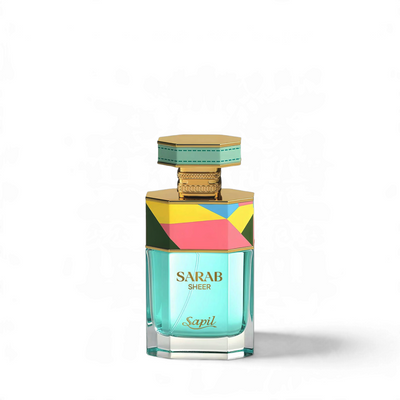 Palette 21 Sarab Sheer Sapil perfume for women in a glass bottle with a colorful geometric cap and gold accents.