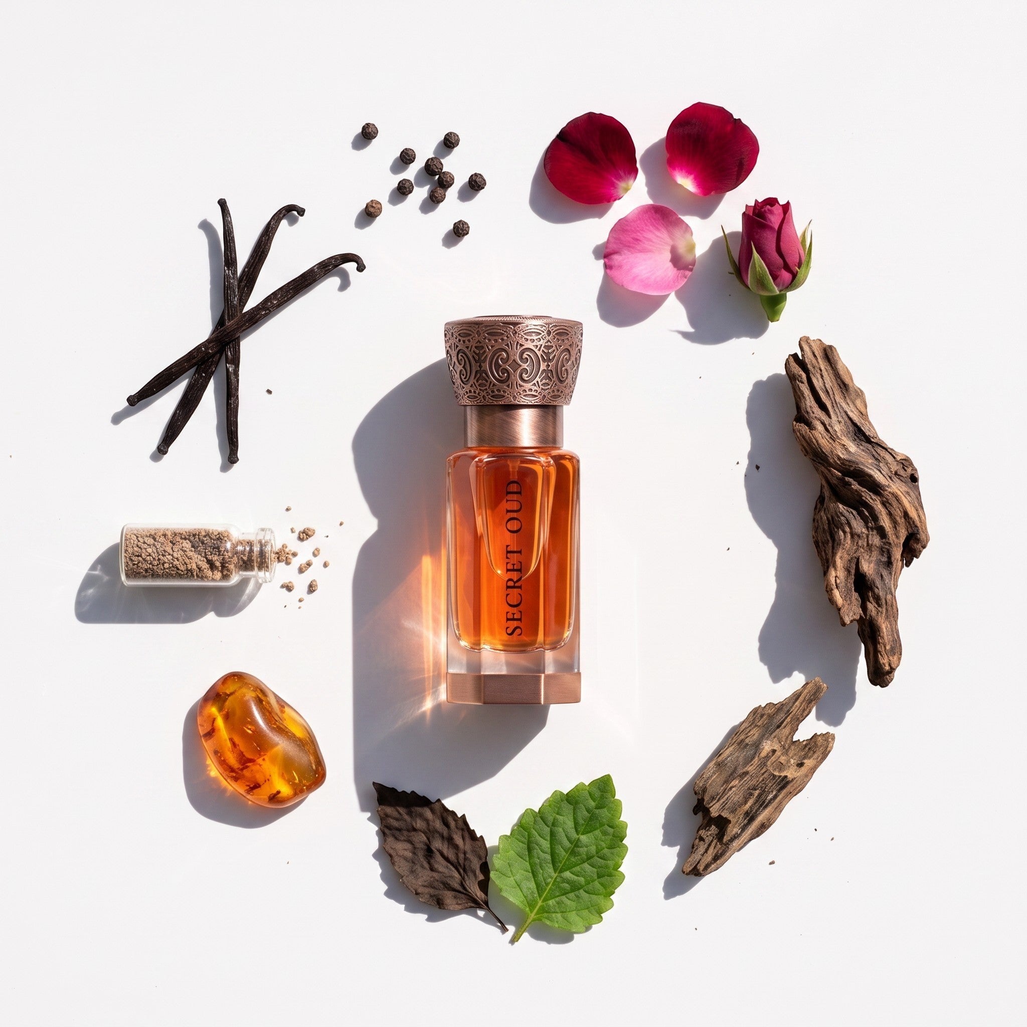 Palette 21 SWISS ARABIAN Secret Oud perfume oil in an ornate glass bottle surrounded by vanilla, rose, and oud wood.