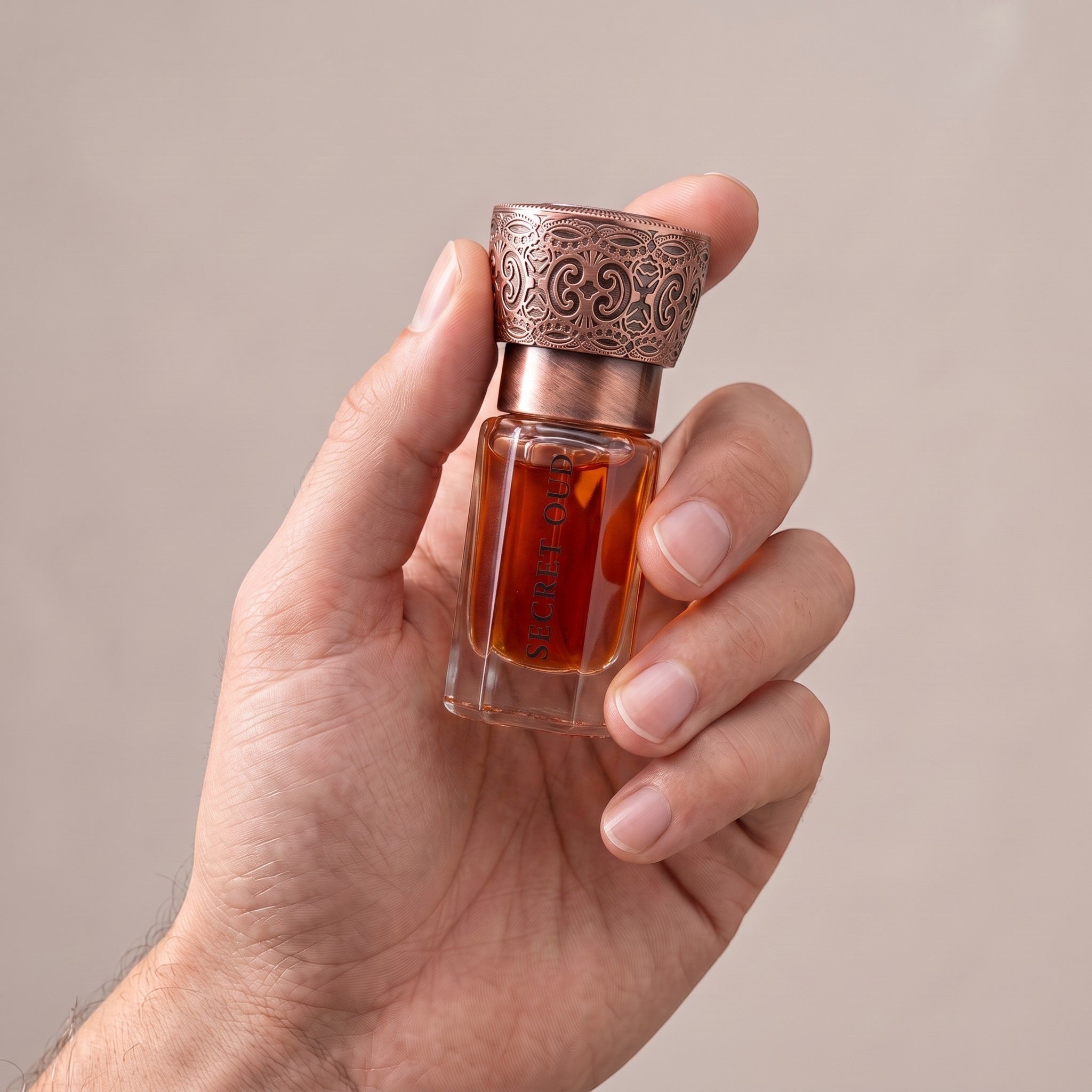 Palette 21 SWISS ARABIAN Secret Oud concentrated perfume oil in a small glass bottle with an ornate metallic cap.