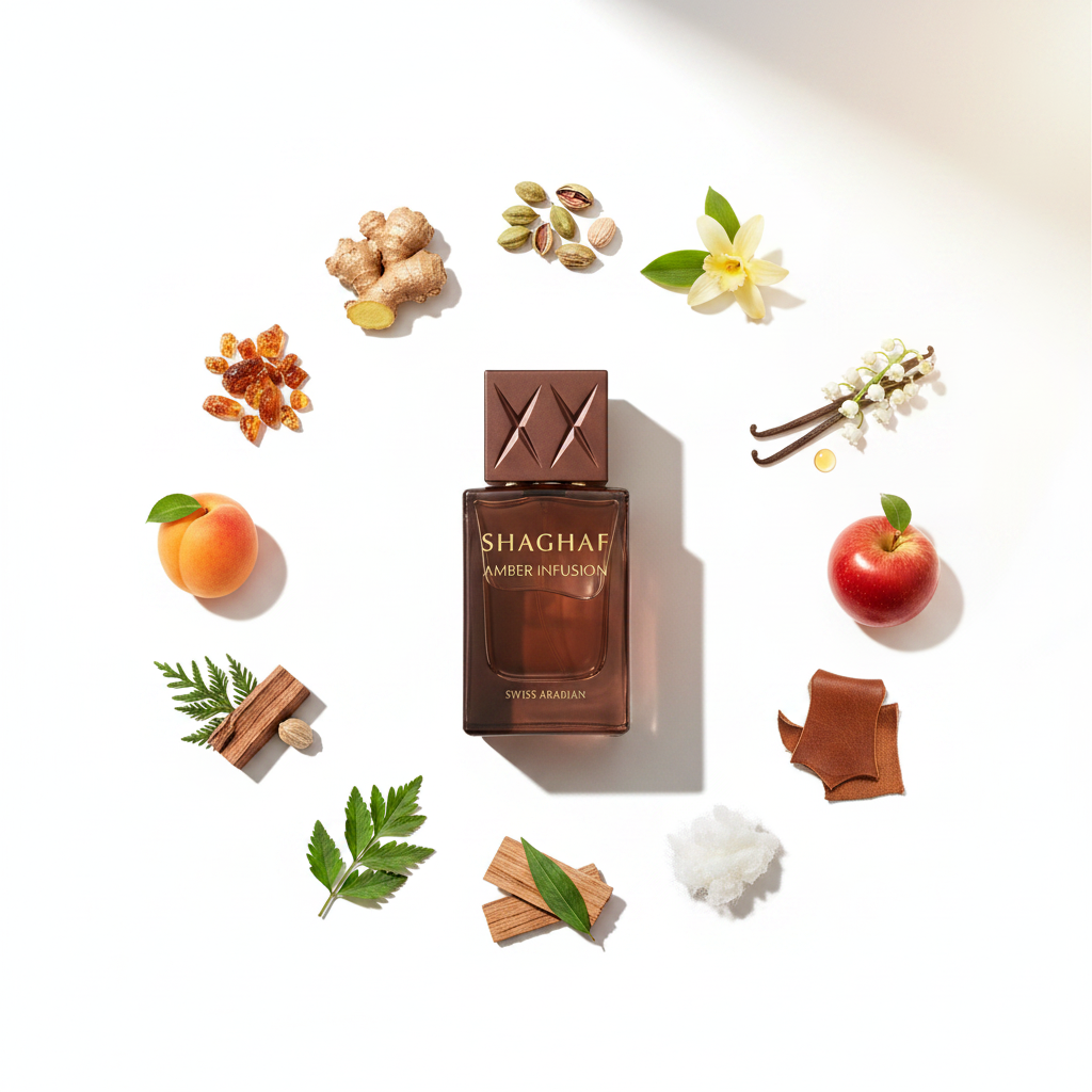 Palette 21 SWISS ARABIAN Shaghaf Amber Infusion perfume bottle surrounded by aromatic ingredients on white background