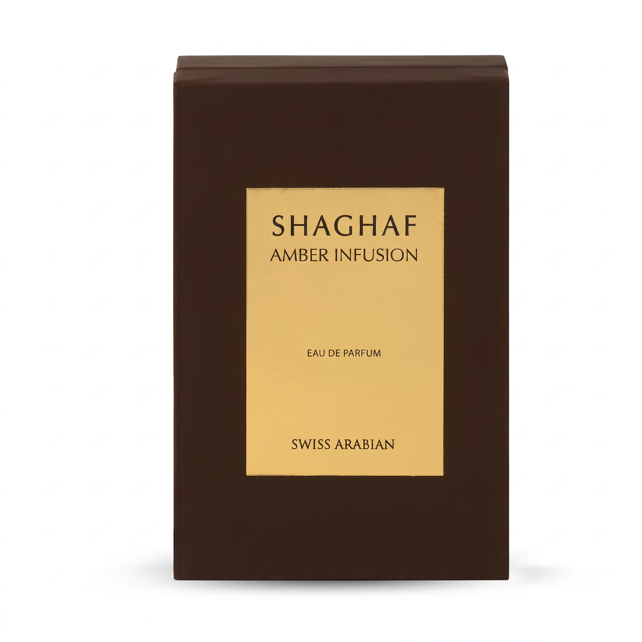Palette 21 SWISS ARABIAN Shaghaf Amber Infusion Eau de Parfum in a dark brown box with a gold label.