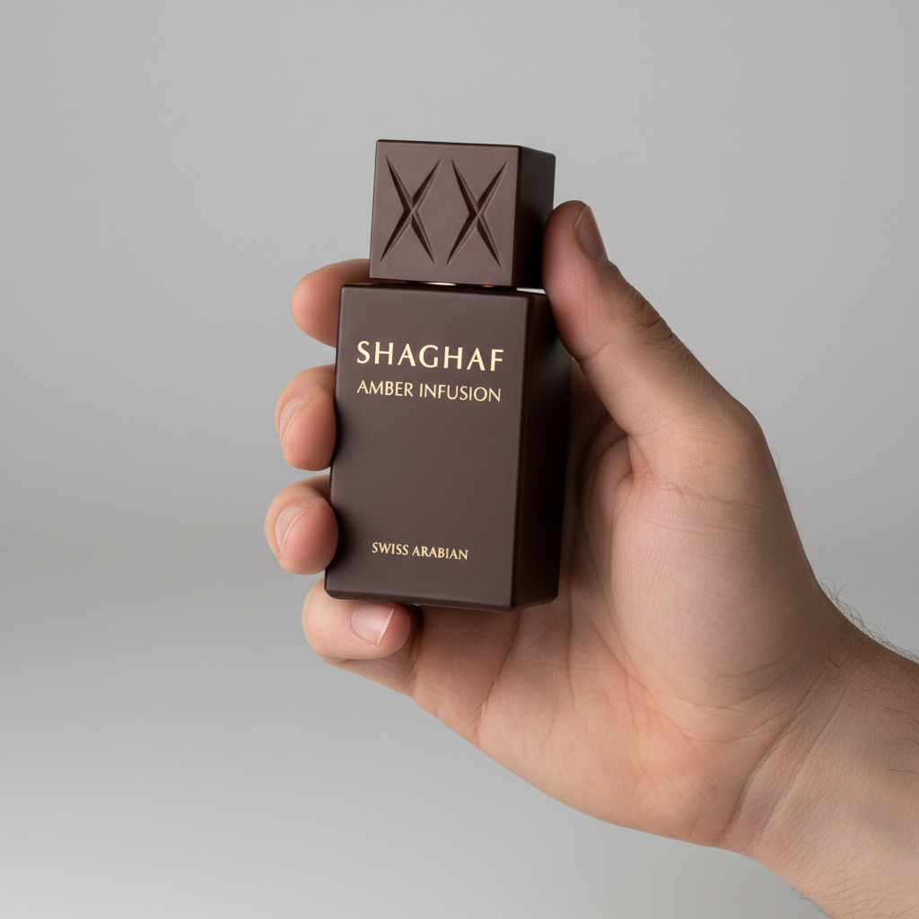 Palette 21 SWISS ARABIAN Shaghaf Amber Infusion Eau de Parfum in a dark brown bottle held in a hand