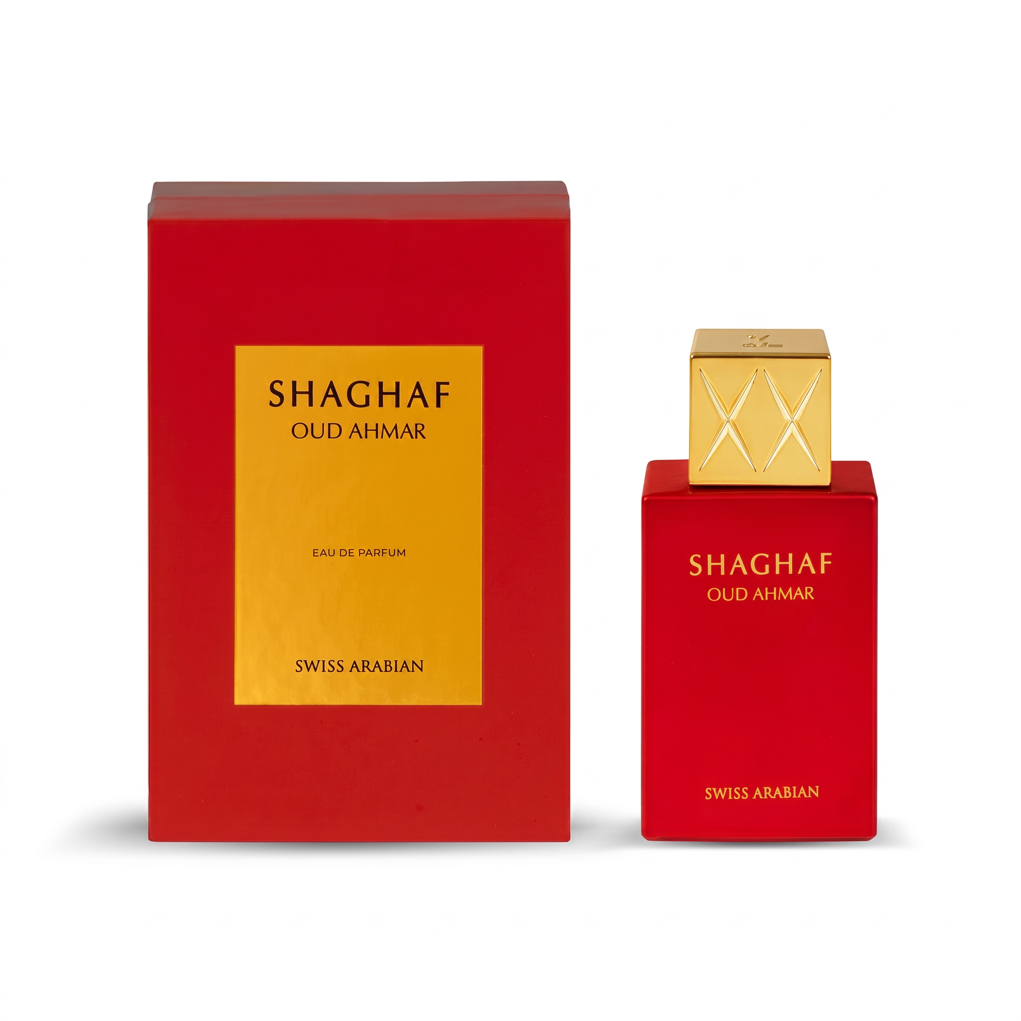 Palette 21 Swiss Arabian Shaghaf Oud Ahmar 25ml perfume bottle and red box with gold accents