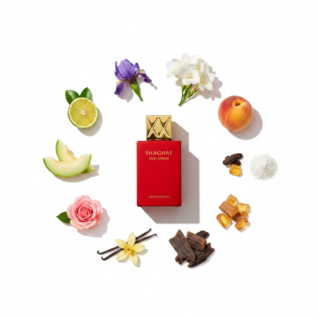 Palette 21 Swiss Arabian Shaghaf Oud Ahmar perfume bottle surrounded by ingredients like rose, peach, and vanilla.