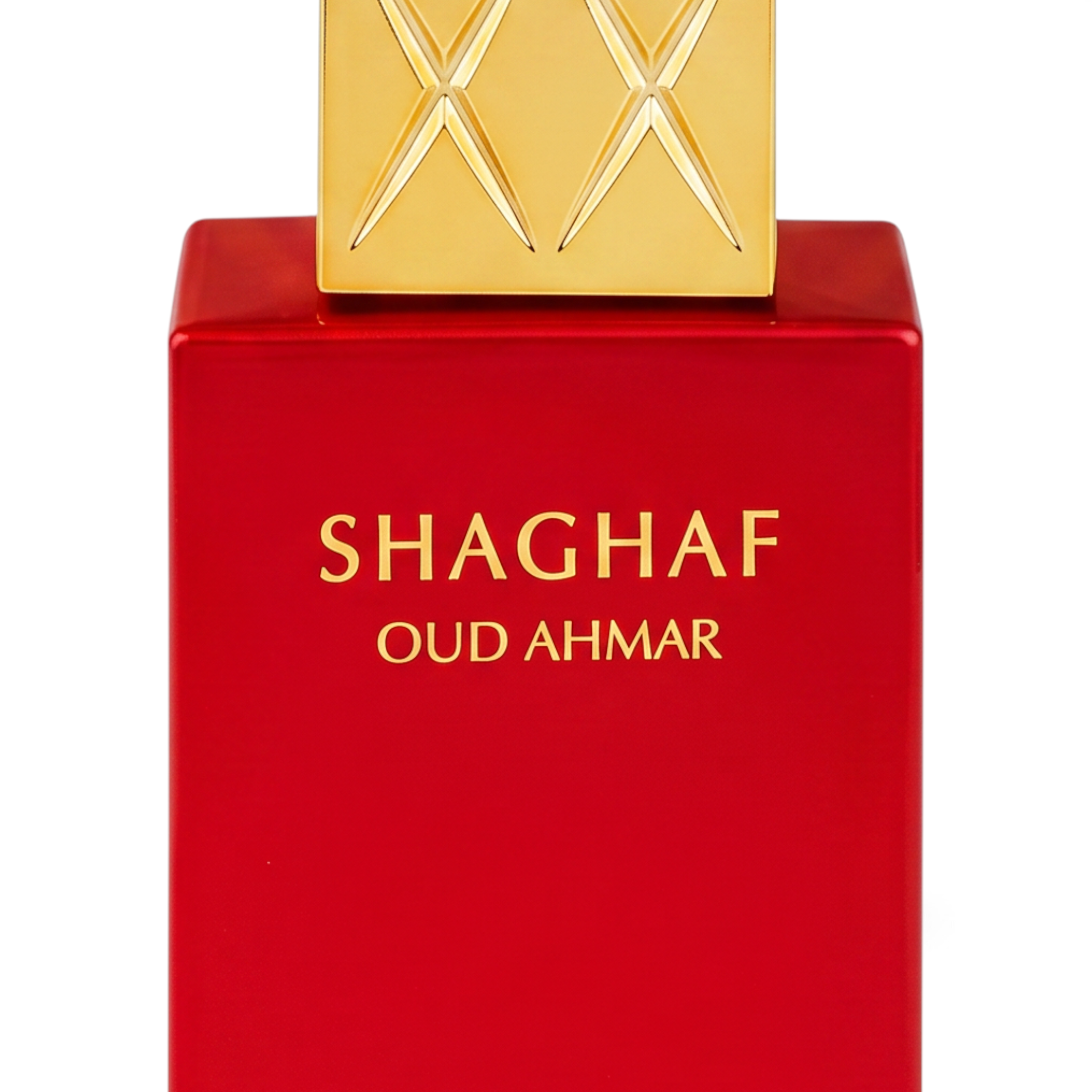Palette 21 Swiss Arabian Shaghaf Oud Ahmar perfume bottle in vibrant red with a luxurious gold cap.