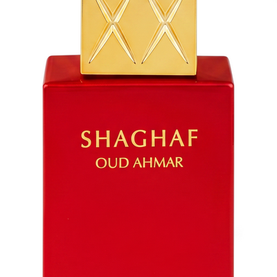 Palette 21 Swiss Arabian Shaghaf Oud Ahmar perfume bottle in vibrant red with a luxurious gold cap.