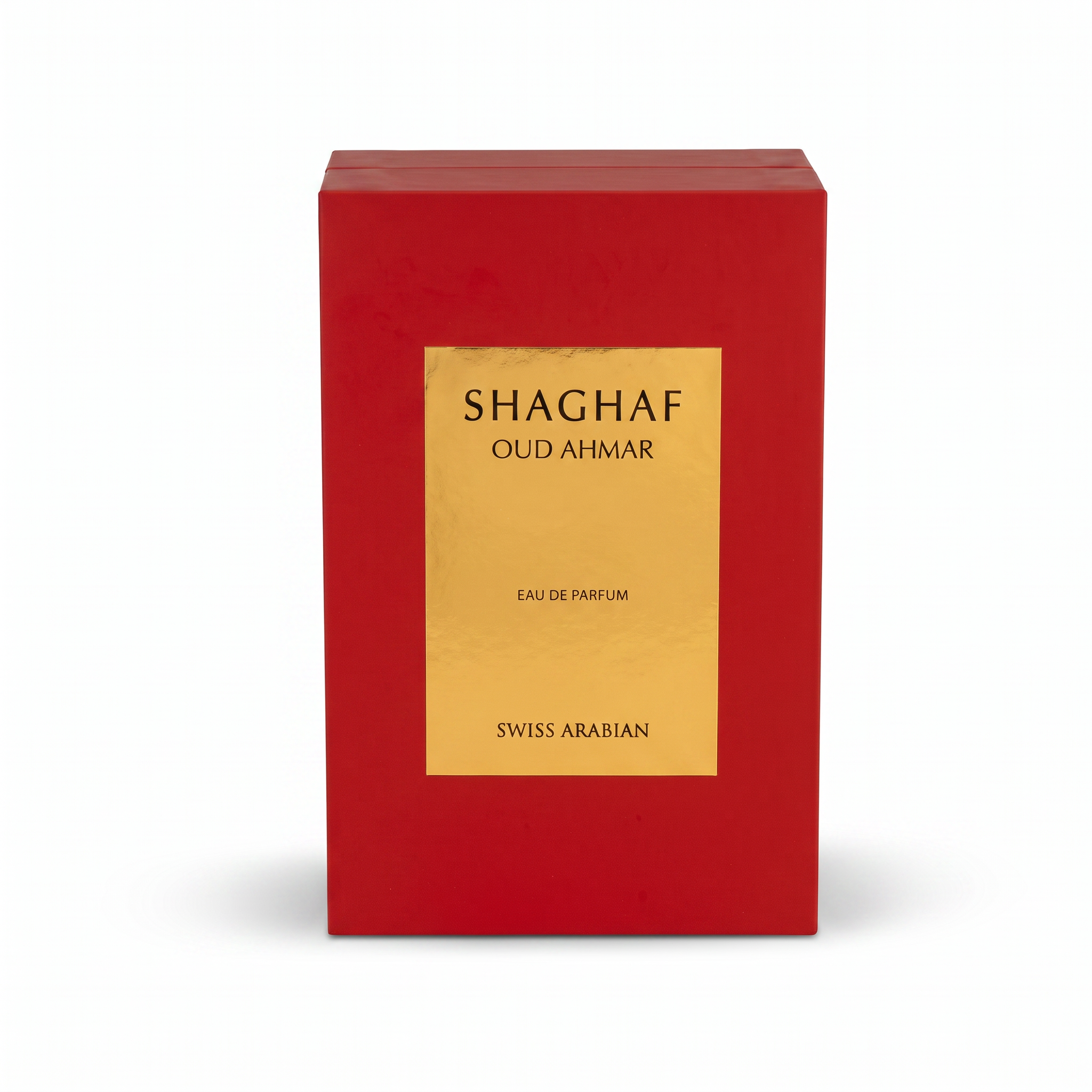 Palette 21 SWISS ARABIAN Shaghaf Oud Ahmar Eau de Parfum in a vibrant red rectangular box with gold label detailing.