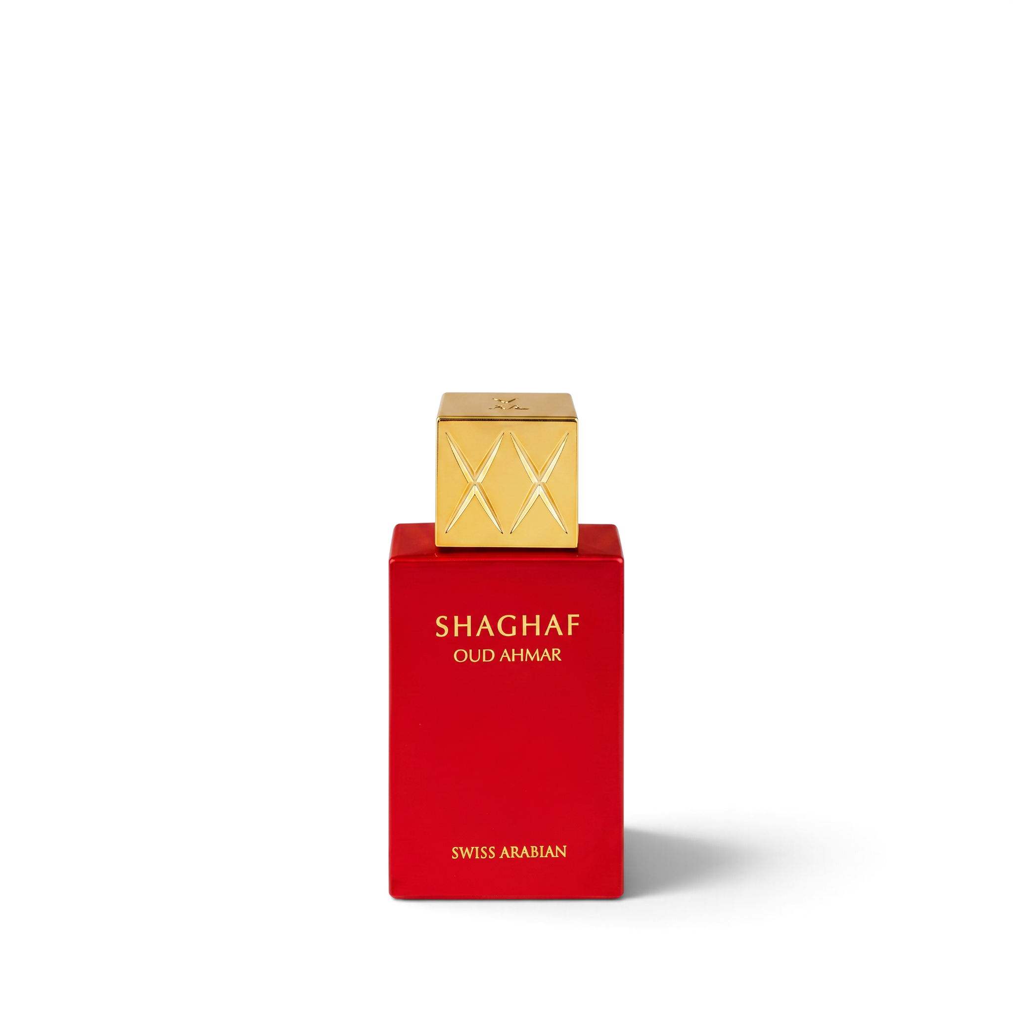 Palette 21 SWISS ARABIAN Shaghaf Oud Ahmar 25ml perfume in a vibrant red glass bottle with a luxurious gold cap.