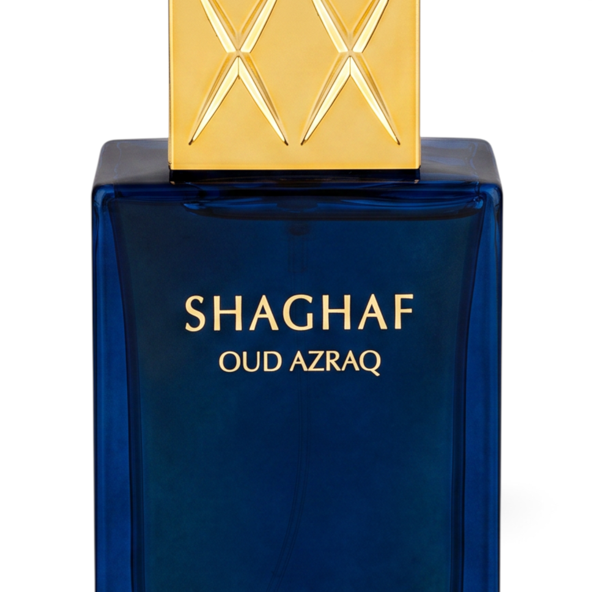 Palette 21 SWISS ARABIAN Shaghaf Oud Azraq perfume in a deep blue glass bottle with a gold-toned cap.