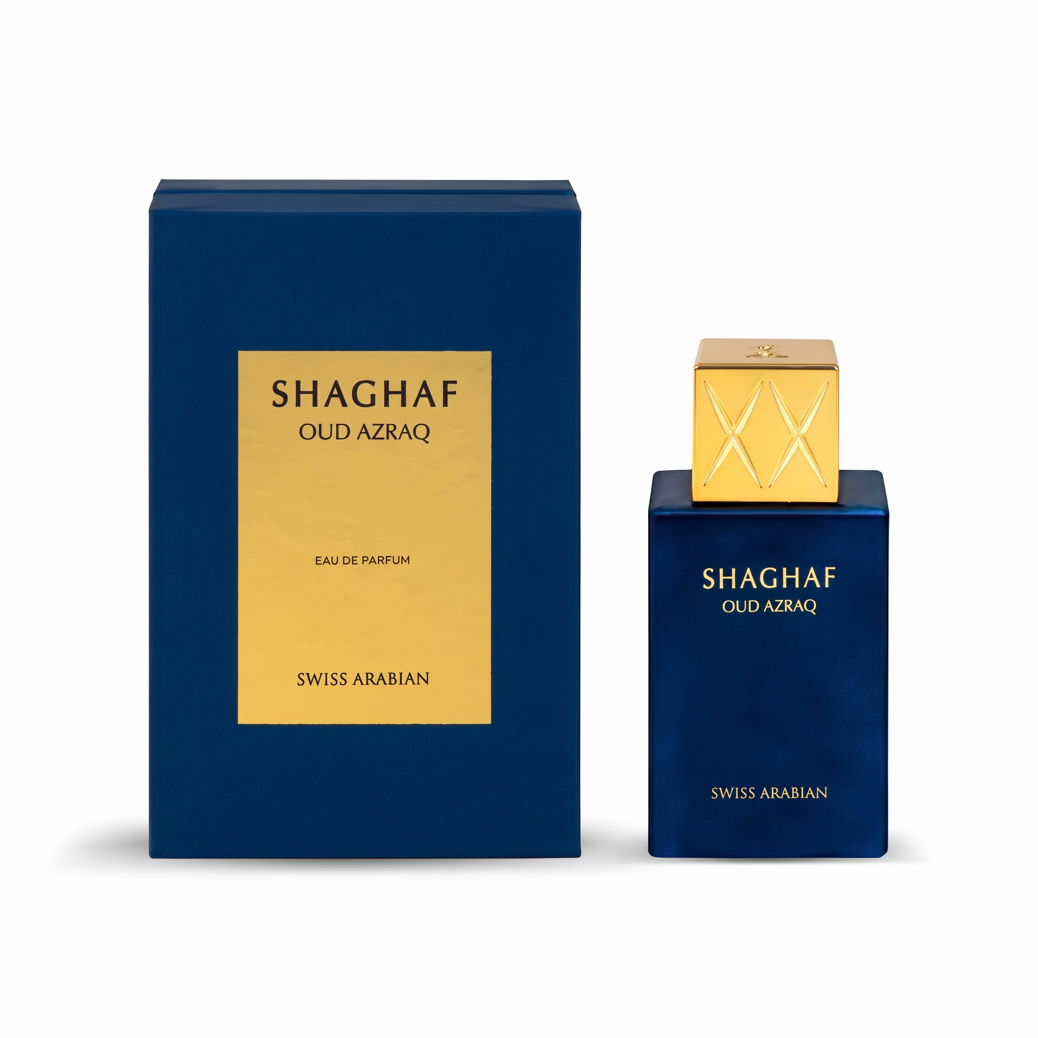 Palette 21 SWISS ARABIAN Shaghaf Oud Azraq Eau de Parfum in a deep blue bottle with a gold cap and matching box