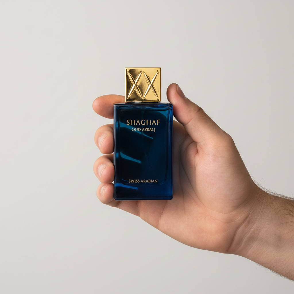 Palette 21 Swiss Arabian Shaghaf Oud Azraq 25ml perfume in a deep blue glass bottle with a gold cap held in a hand.