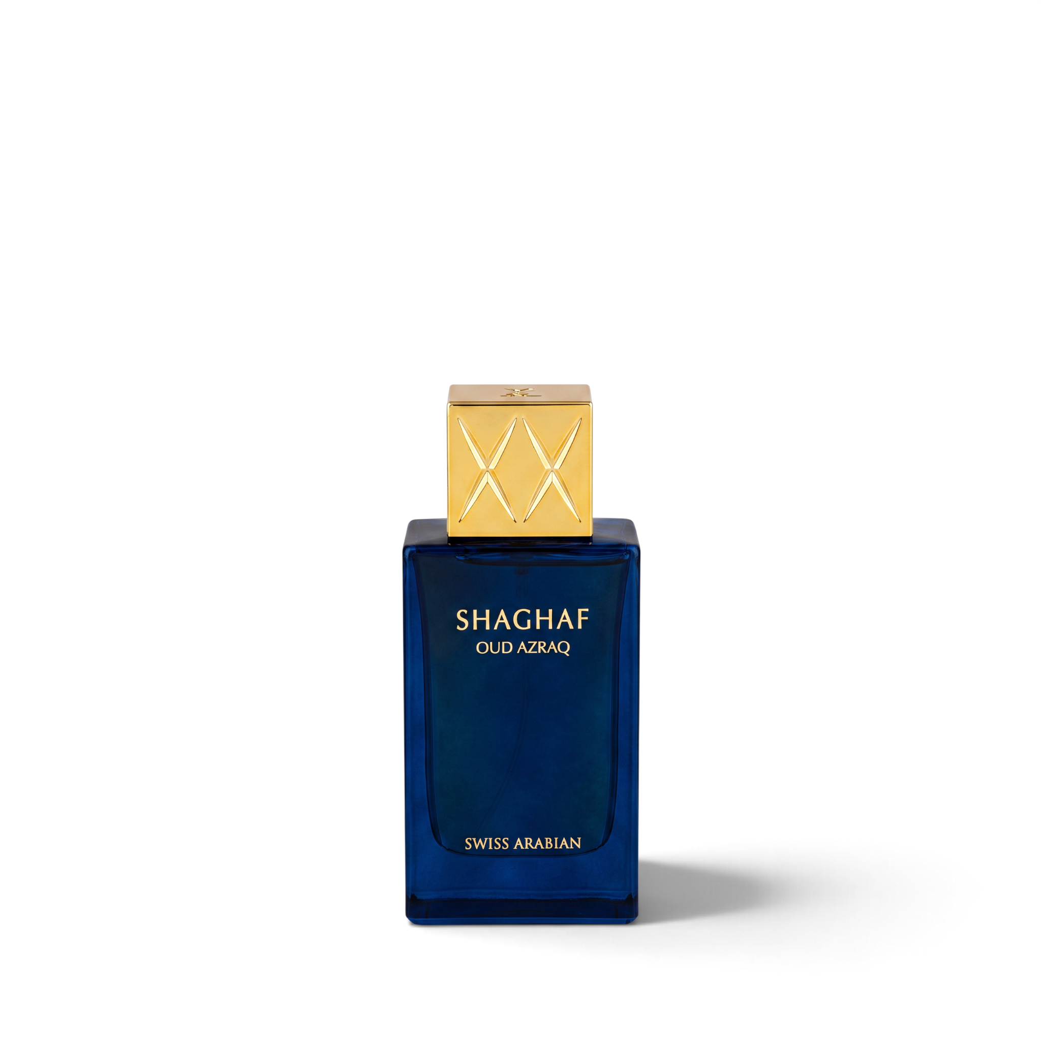 Palette 21 SWISS ARABIAN Shaghaf Oud Azraq perfume in a deep blue glass bottle with a gold-toned cap.