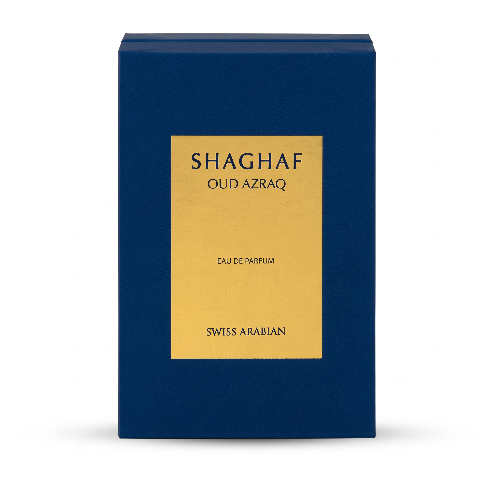 Palette 21 SWISS ARABIAN Shaghaf Oud Azraq Eau de Parfum in a deep blue box with a gold label.