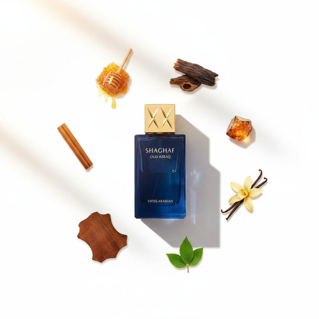 Palette 21 Swiss Arabian Shaghaf Oud Azraq perfume bottle surrounded by honey, cinnamon, vanilla, and leather notes.