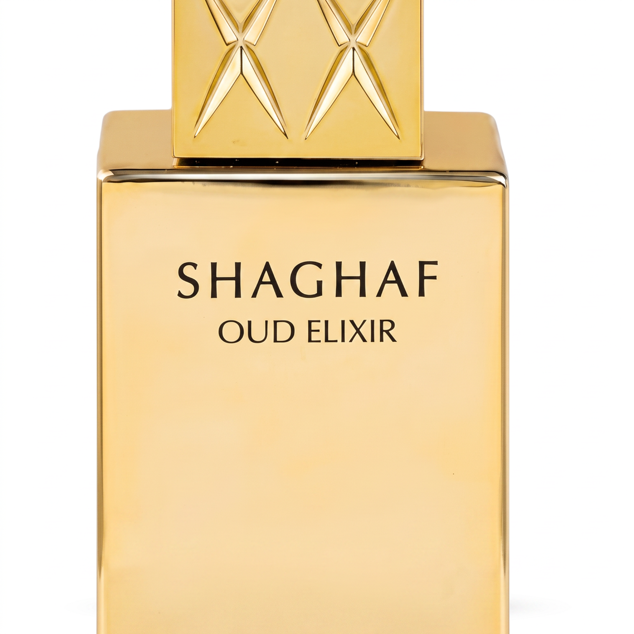 Palette 21 SWISS ARABIAN Shaghaf Oud Elixir perfume in a polished gold bottle with engraved cap detail