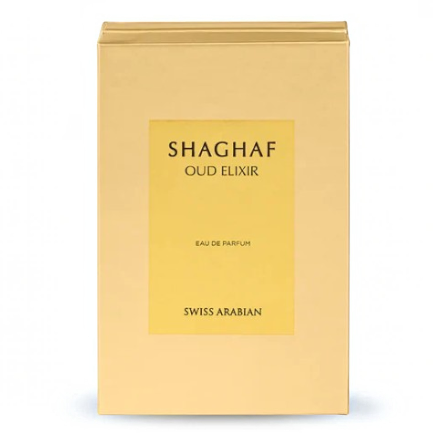Palette 21 SWISS ARABIAN Shaghaf Oud Elixir Eau De Parfum in a rectangular metallic gold box with yellow label