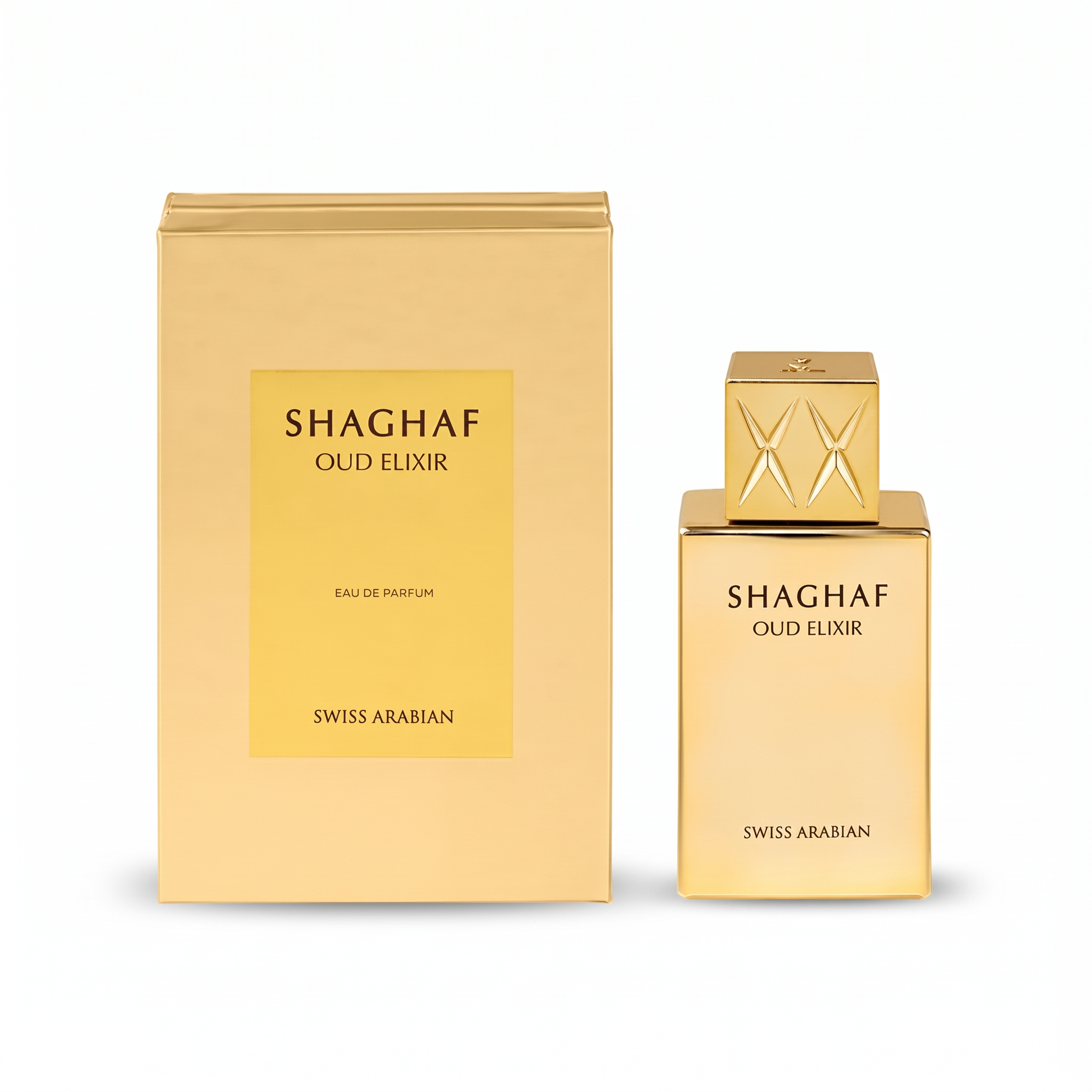Palette 21 SWISS ARABIAN Shaghaf Oud Elixir 25ml perfume bottle and matching gold box packaging