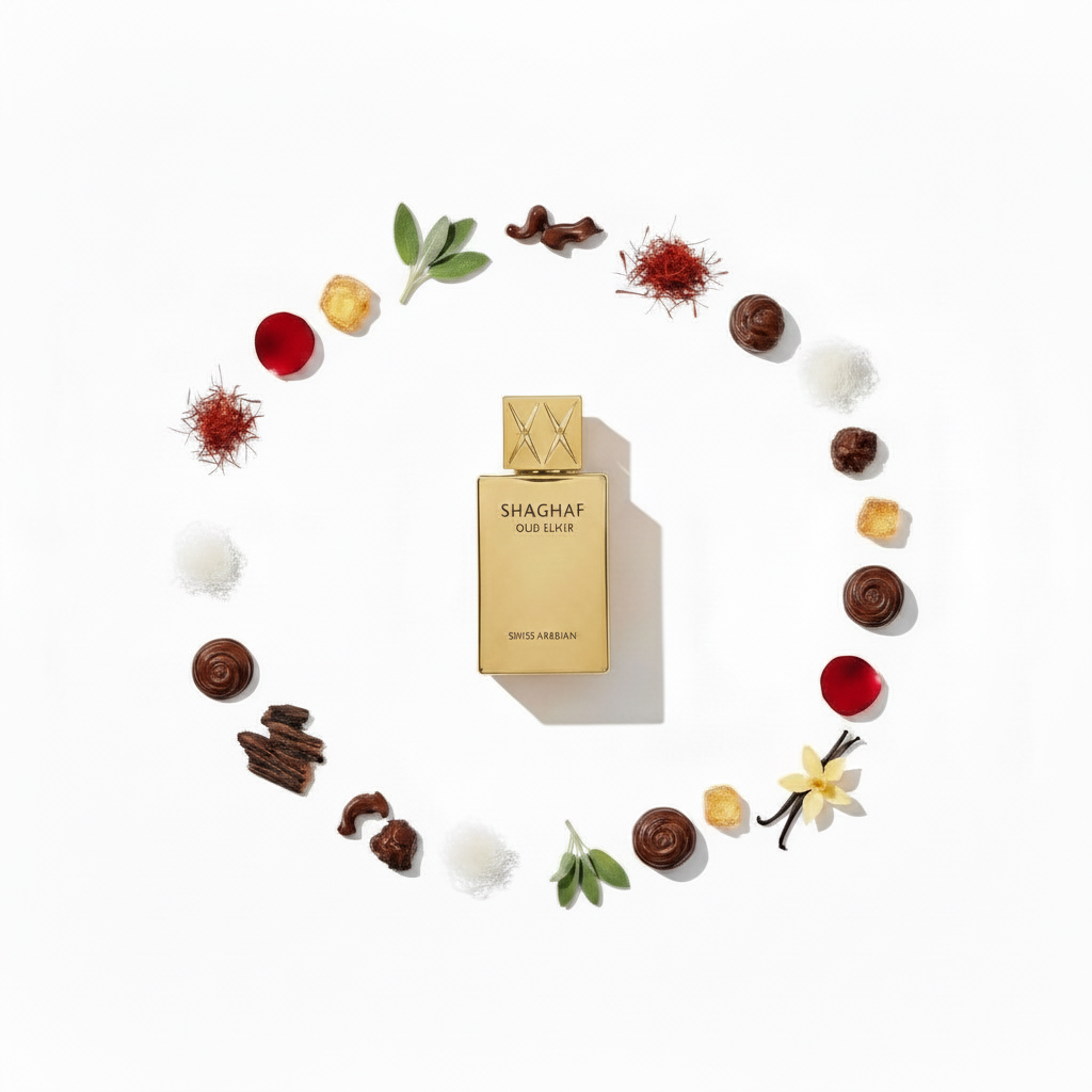 Palette 21 SWISS ARABIAN Shaghaf Oud Elixir perfume bottle surrounded by ingredients like saffron, vanilla, and oud.