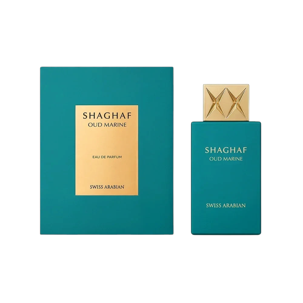 Palette 21 Shaghaf Oud Marine Swiss Arabian perfume bottle and box in teal with gold accents