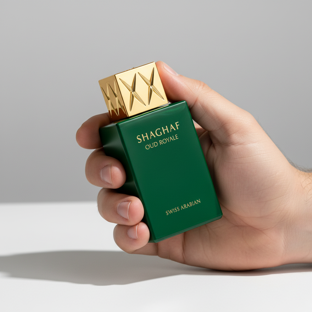 Palette 21 Swiss Arabian Shaghaf Oud Royale 25ml perfume bottle in a hand, featuring a green glass and gold cap.