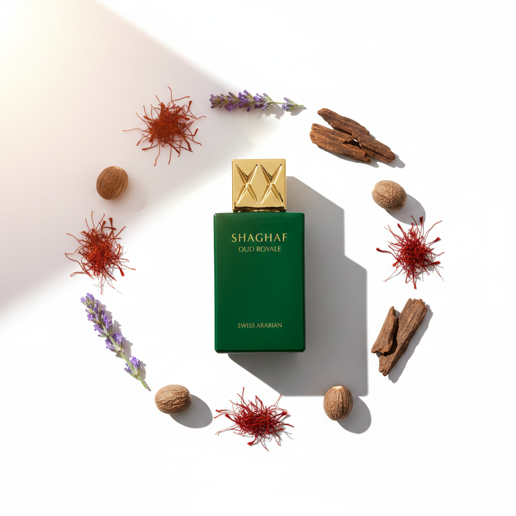 Palette 21 Swiss Arabian Shaghaf Oud Royale perfume bottle in deep green with gold cap, surrounded by spice ingredients