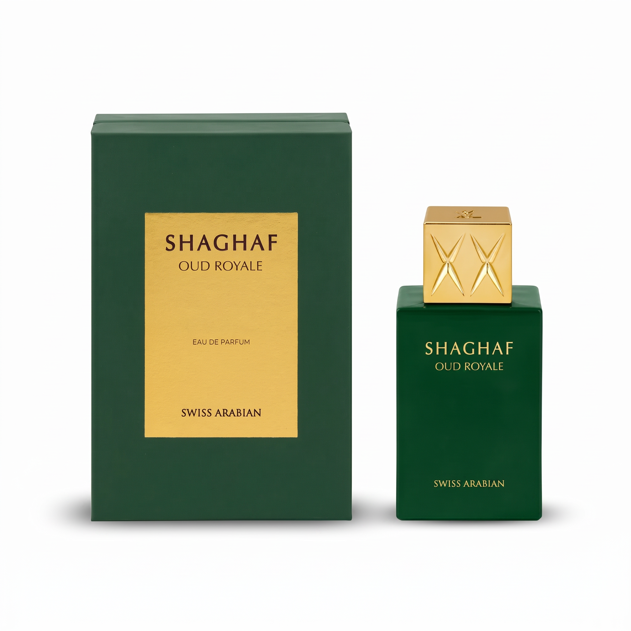 Palette 21 Swiss Arabian Shaghaf Oud Royale perfume bottle and green box with gold accents on a white background
