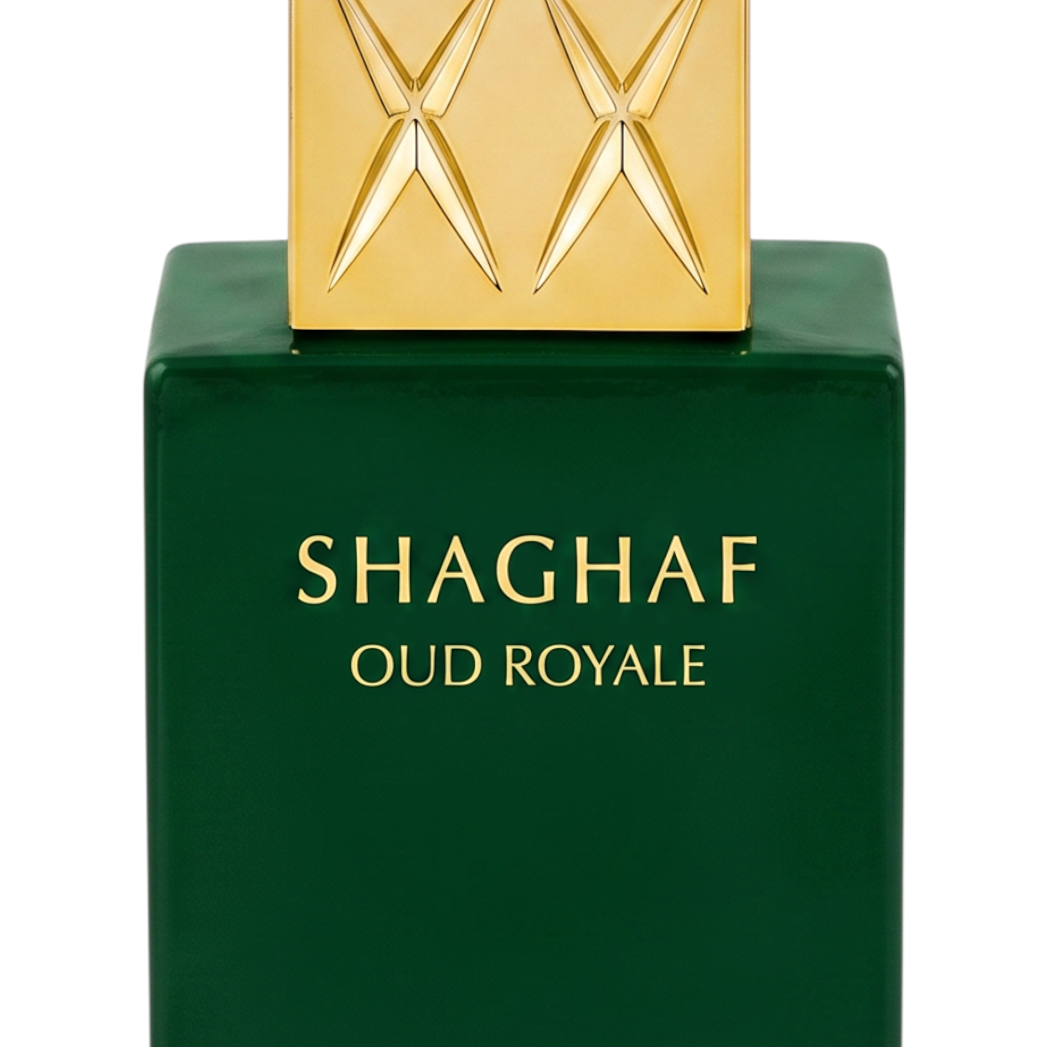Palette 21 Swiss Arabian Shaghaf Oud Royale perfume bottle in deep green with a textured gold cap.