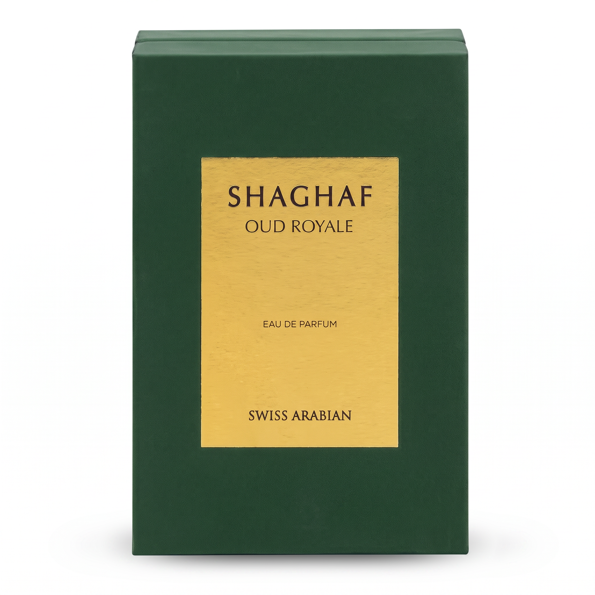 Palette 21 Swiss Arabian Shaghaf Oud Royale Eau de Parfum in a rectangular deep green box with a gold label.