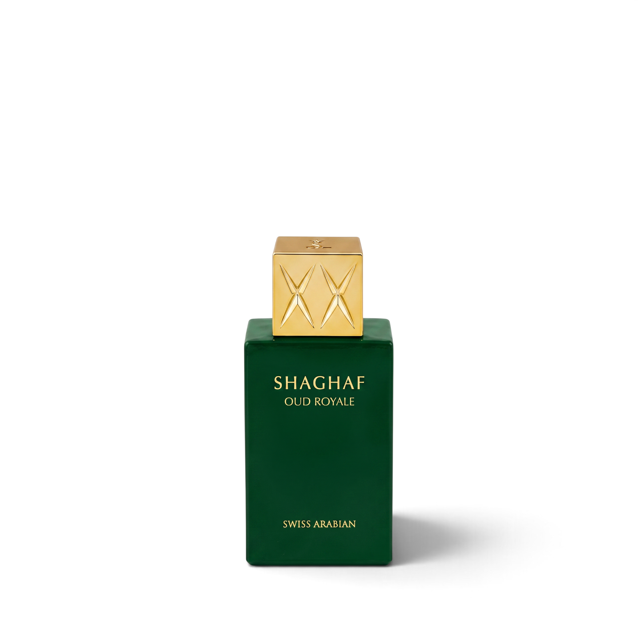 Palette 21 Swiss Arabian Shaghaf Oud Royale perfume in a deep green bottle with a gold cap on a white background