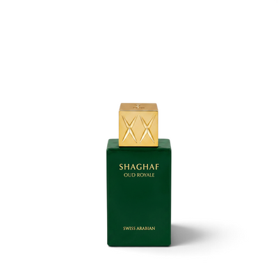 Palette 21 Swiss Arabian Shaghaf Oud Royale perfume in a deep green bottle with a gold cap on a white background