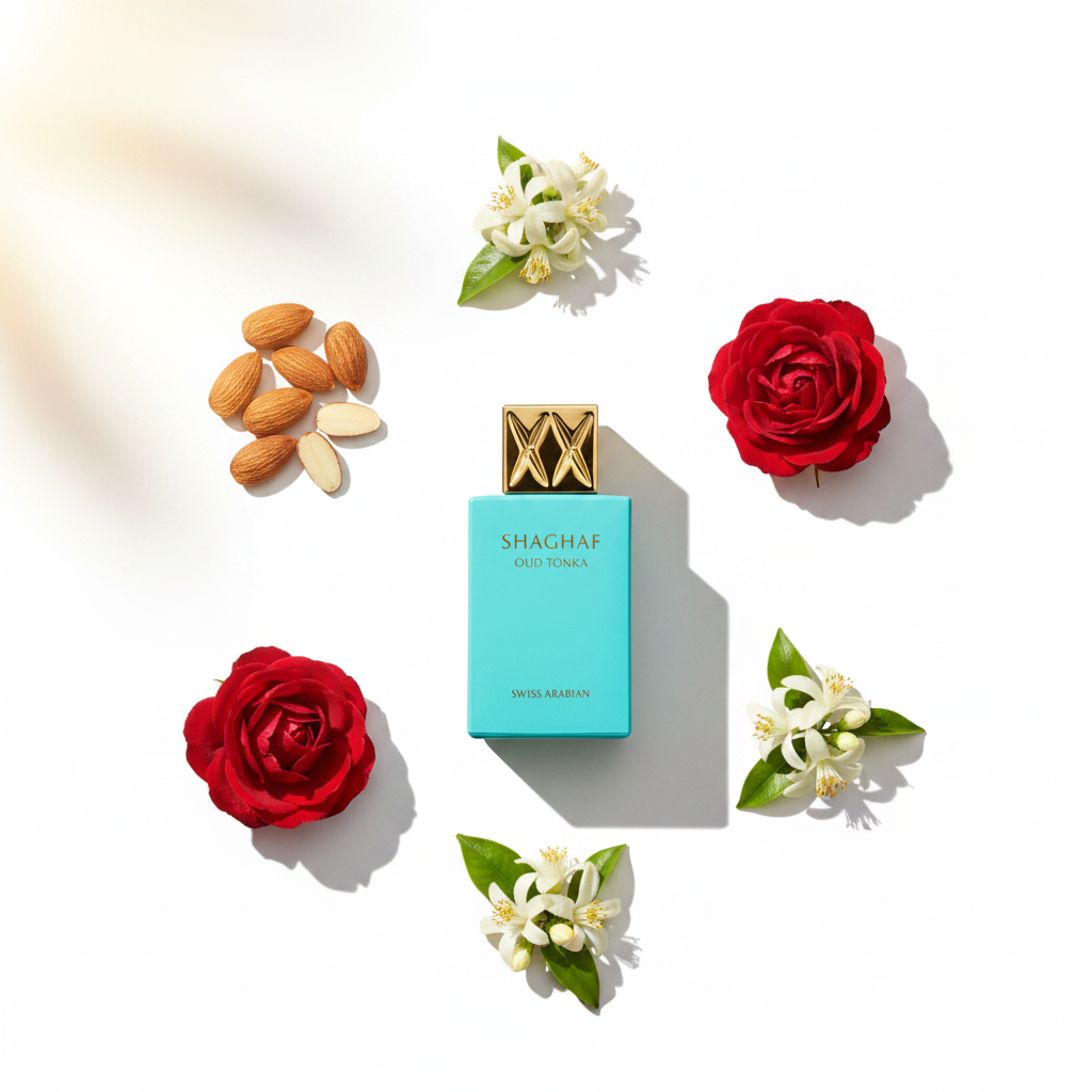 Palette 21 Swiss Arabian Shaghaf Oud Tonka perfume bottle in turquoise with gold cap, surrounded by roses and almonds.