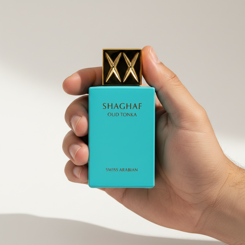 Palette 21 Swiss Arabian Shaghaf Oud Tonka turquoise perfume bottle with gold cap held in a hand