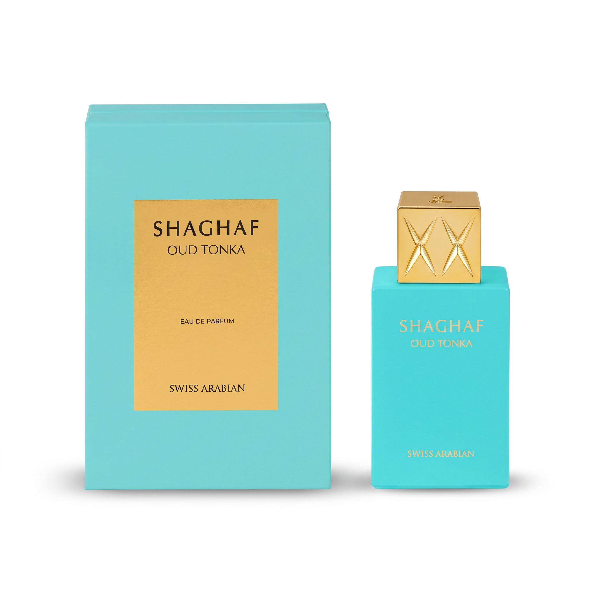 Palette 21 Swiss Arabian Shaghaf Oud Tonka 25ml perfume bottle and box in turquoise with a gold cap.