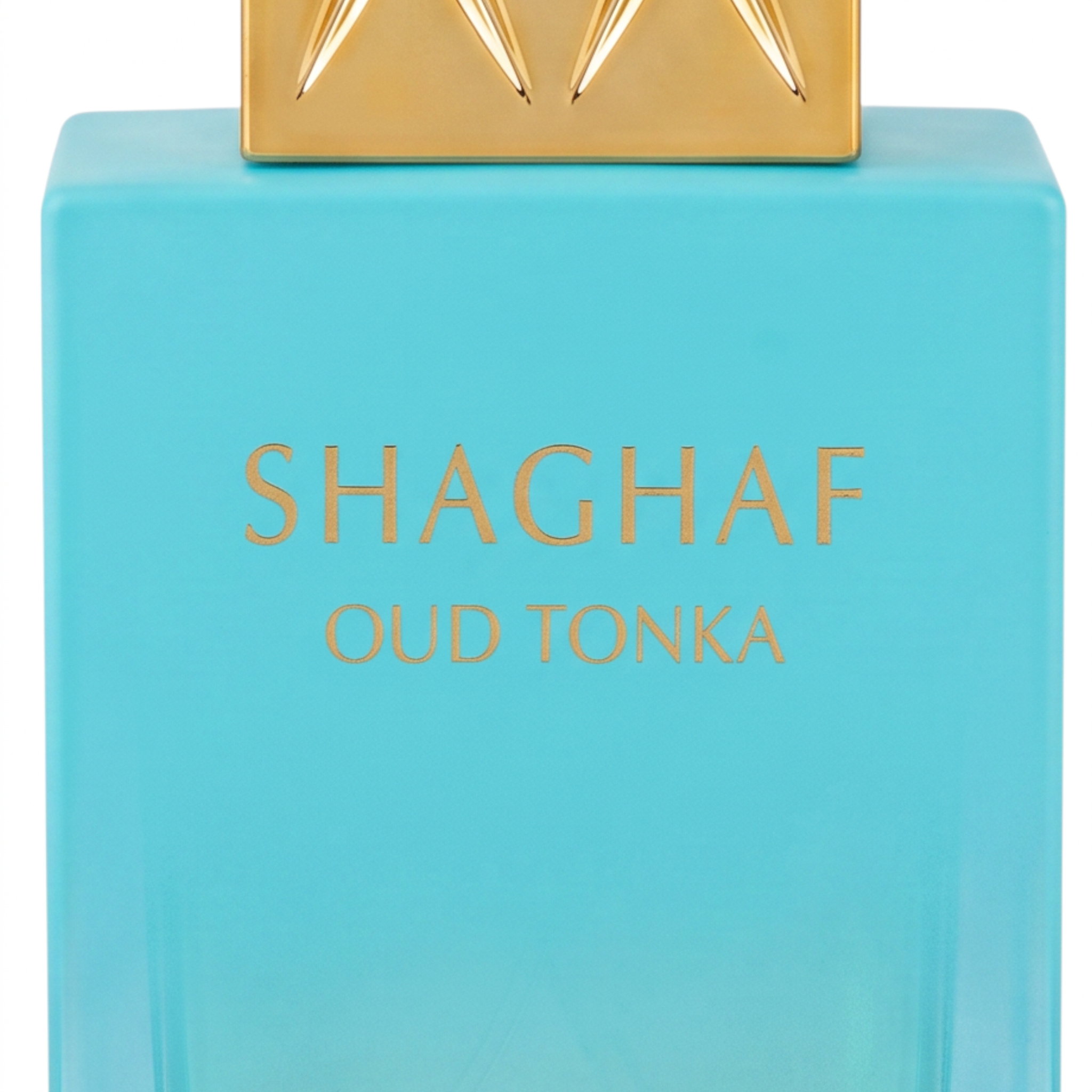 Palette 21 Swiss Arabian Shaghaf Oud Tonka perfume in a vibrant turquoise bottle with a luxurious gold cap